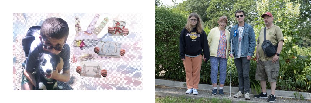 On the left, a photo of young white boy with his dog has a background of cartoon-like drawings. On the right, he is older and with his parents and sister in a garden.