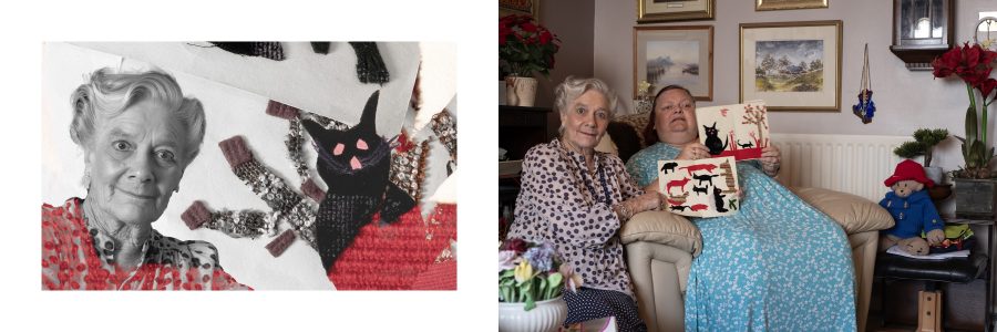 On the left, a white woman’s portrait is next to a fabric collage with a black cat. On the right, the woman is seated next to her daughter. Both hold up cards with fabric collage animals and trees.