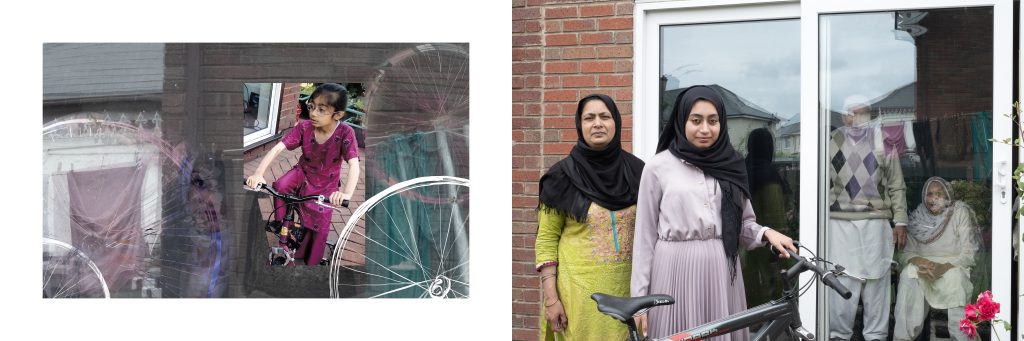 On the left, a British Asian girl with glasses rides a tricycle against a background of reflections. On the right, now a young woman, she is in the garden with a bicycle. Her mother with her and her grandparents are indoors looking through closed glass sliding doors. All three women wear hijabs.