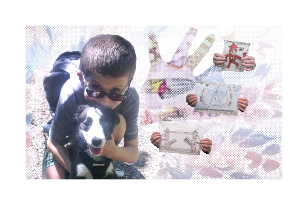 A white boy with his dog has a background of cartoon-like drawings