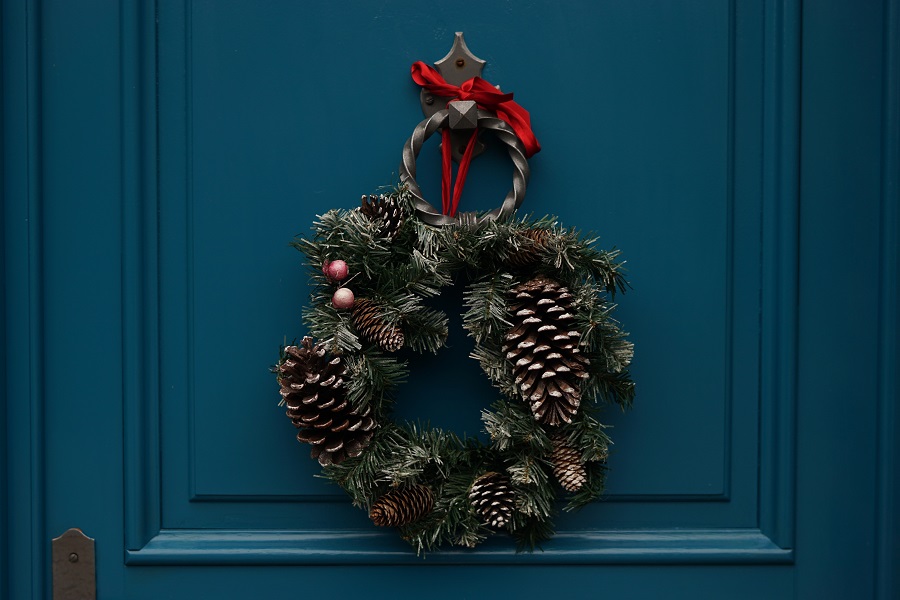 Festive wreath on door