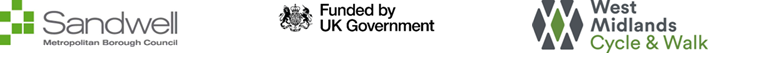 Logos of Sandwell Council, West Midlands cycle and walk and funded by UK Government