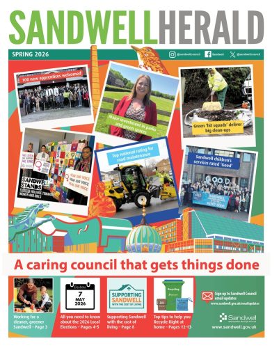 The Herald front page cover features photos of key activities that show ‘a caring council that gets things done’. These include: 100 new apprentices welcomed Major investment in parks and green spaces ‘Green hit squads’ deliver big clean-ups Sandwell Stands against violence towards women and girls Top national rating for road maintenance Sandwell children’s services rated ‘Good’ The front page also encourages people to sign up for the council’s email updates at www.sandwell.gov.uk/emailupdates and promotes the council’s website www.sandwell.gov.uk and social media channels.